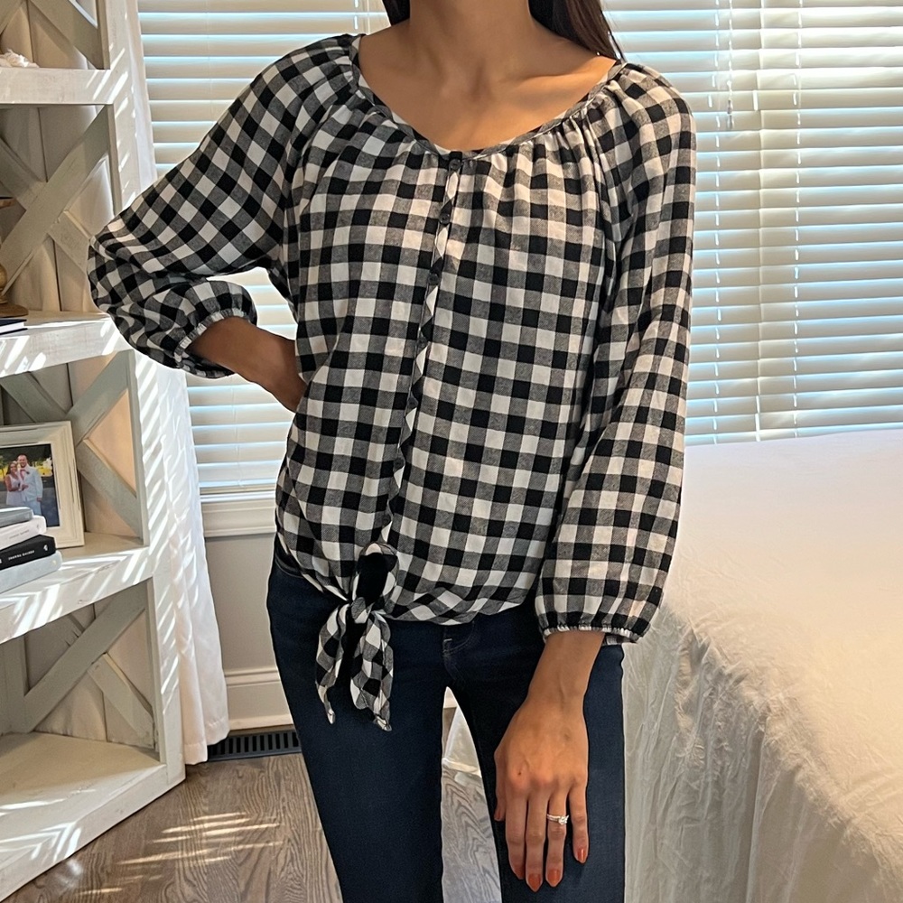 Buffalo Plaid Tie Front Blouse, Size S
